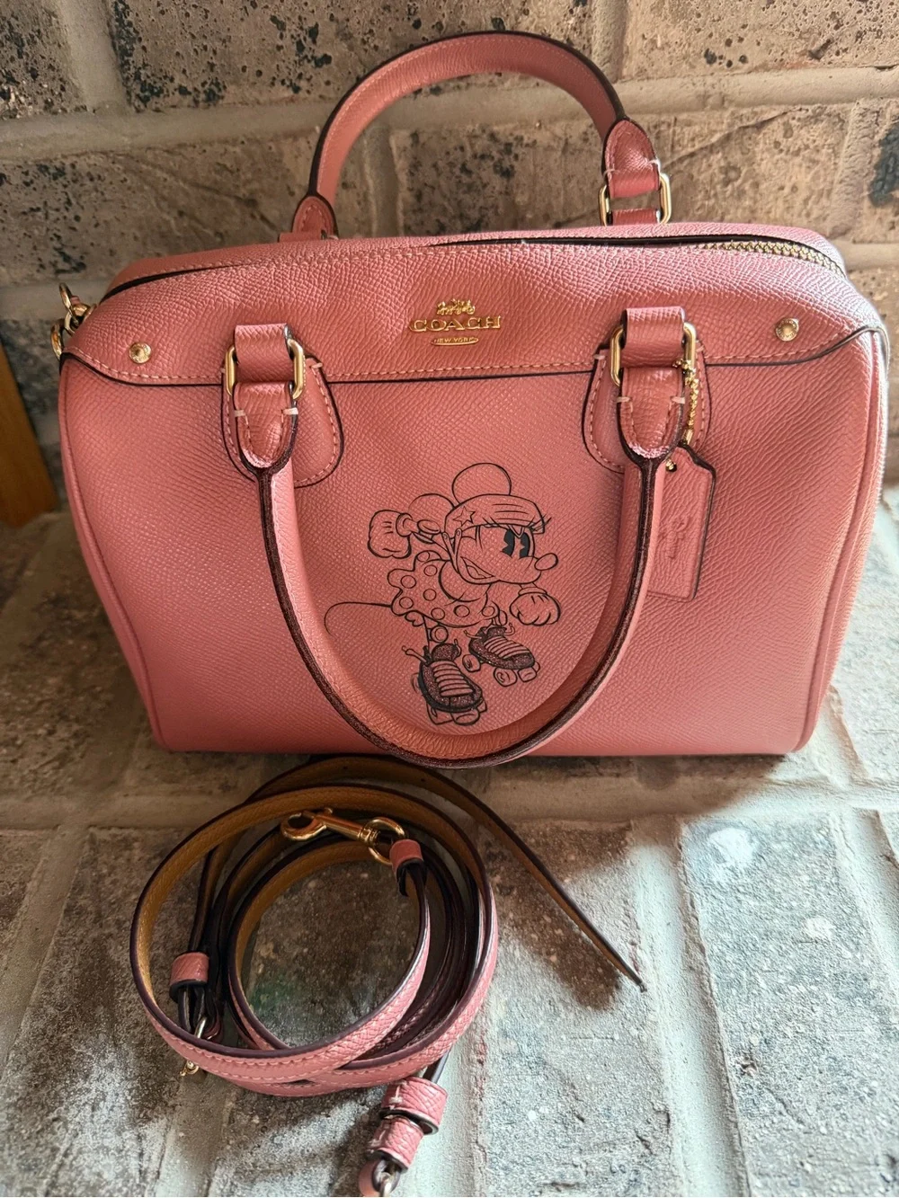 COACH Pink Leather Satchel with Minnie Roller Skate Graphic